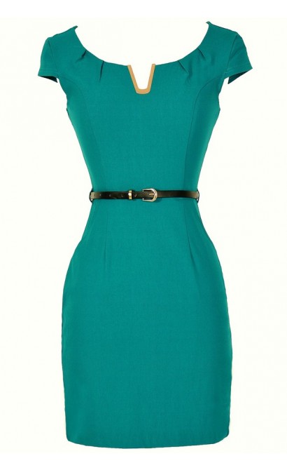 V for Victory Belted Pencil Dress in Teal